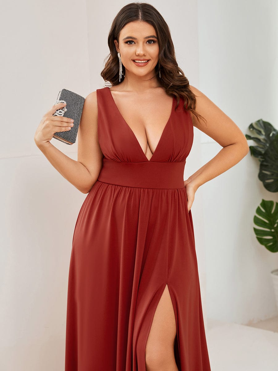 Plus Size Sleeveless V-Neck Empire Waist High Slit Floor-Length Evening Dress #color_Vermilion