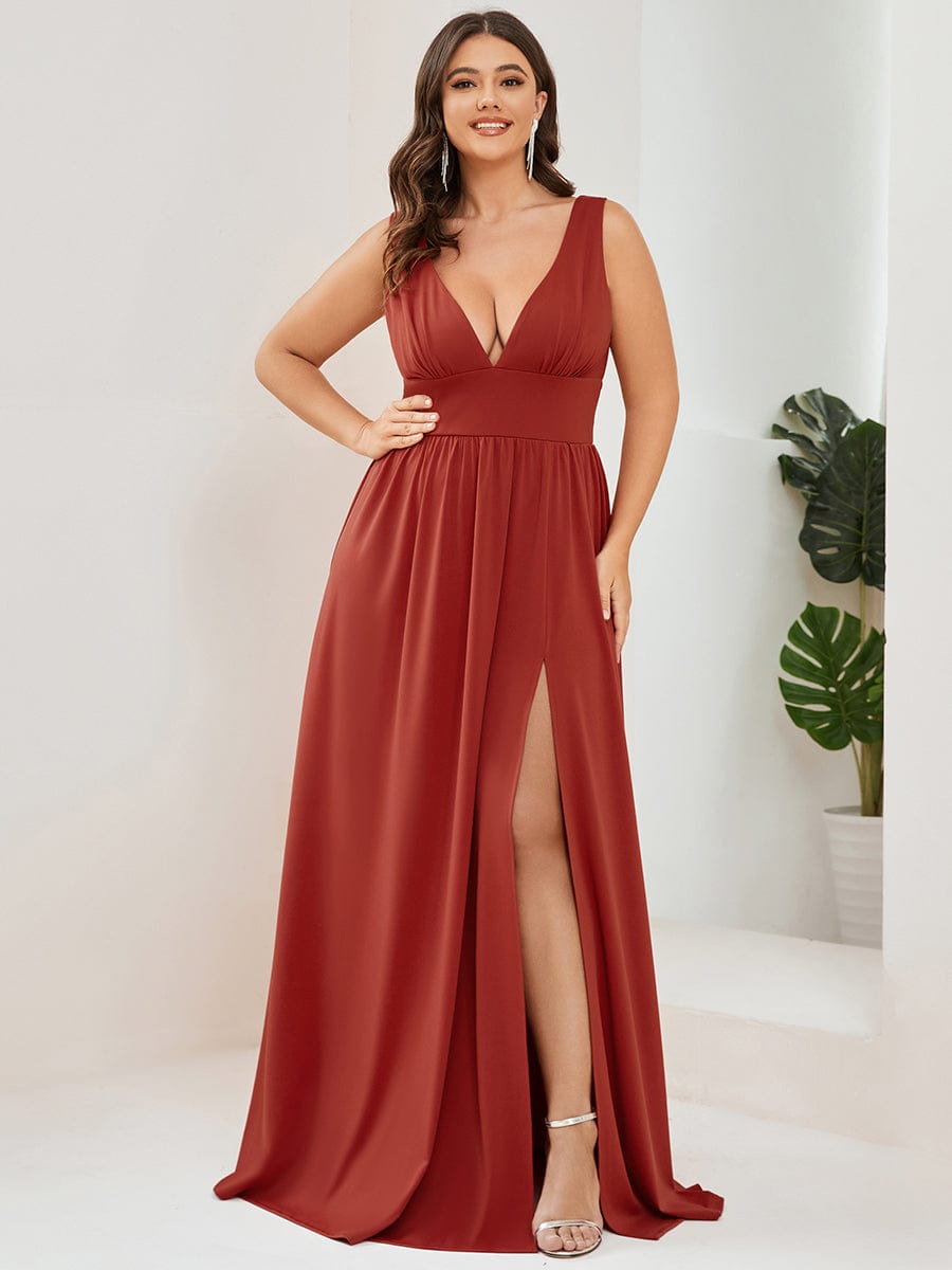 Custom Size Deep V-Neck Empire Waist Sleeveless Simple Evening Dress #color_Vermilion