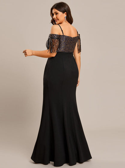 Plus Size Fringed Short Sleeve Evening Dress with Spaghetti Straps #Color_Black