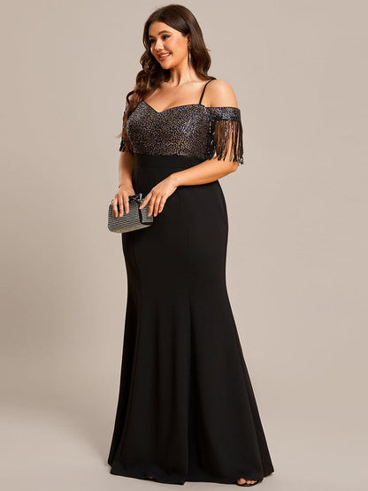 Plus Size Fringed Short Sleeve Evening Dress with Spaghetti Straps #Color_Black