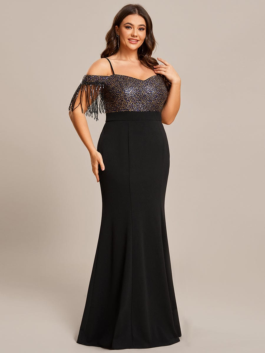 Plus Size Fringed Short Sleeve Evening Dress with Spaghetti Straps #Color_Black