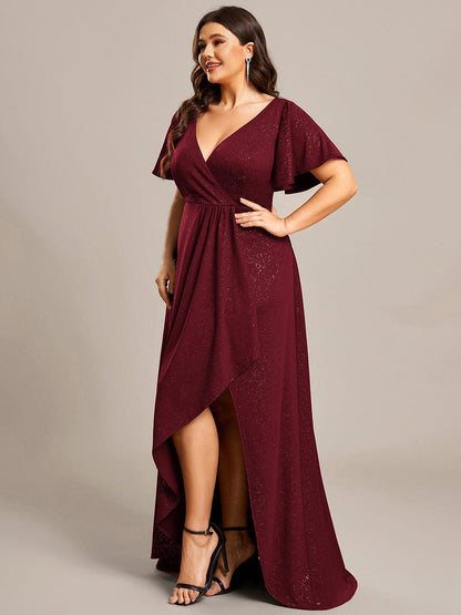 Custom Size High-Low Ruffled V-Neck Front Slit Glitter Evening Dress #color_Burgundy