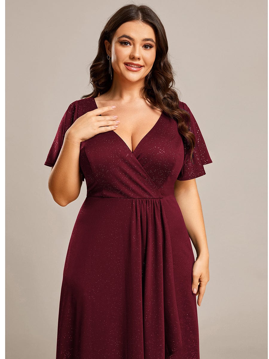 Glitter High-Low Front Side Slit Ruffled V-Neck Evening Dress #color_Burgundy