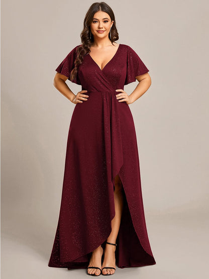 Custom Size High-Low Ruffled V-Neck Front Slit Glitter Evening Dress #color_Burgundy