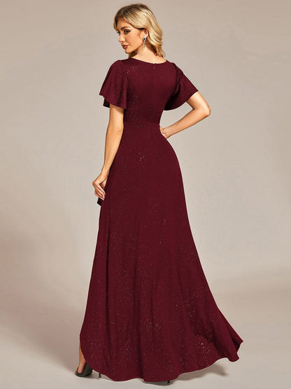 Glitter High-Low Front Side Slit Ruffled V-Neck Evening Dress #color_Burgundy