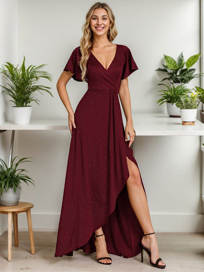 Glitter High-Low Front Side Slit Ruffled V-Neck Evening Dress #color_Burgundy