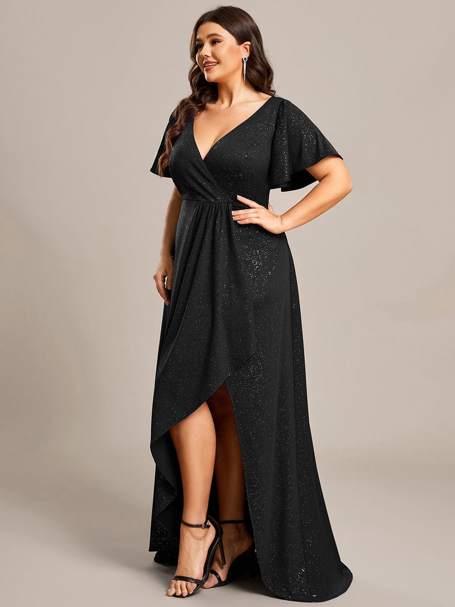 Plus Size Ruffled High-Low Front Slit Evening Dress with Glitter #color_Black