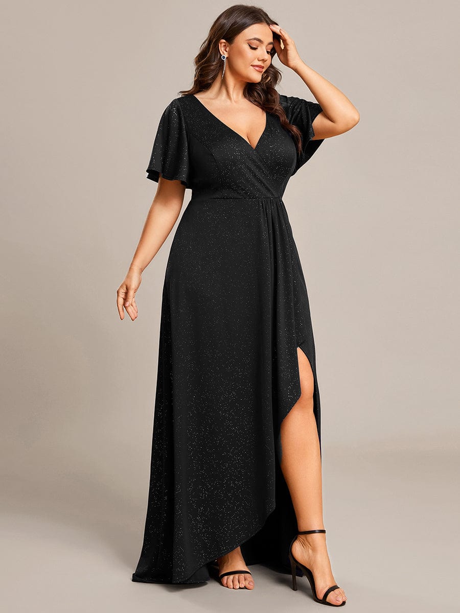 Glitter High-Low Front Side Slit Ruffled V-Neck Evening Dress #color_Black