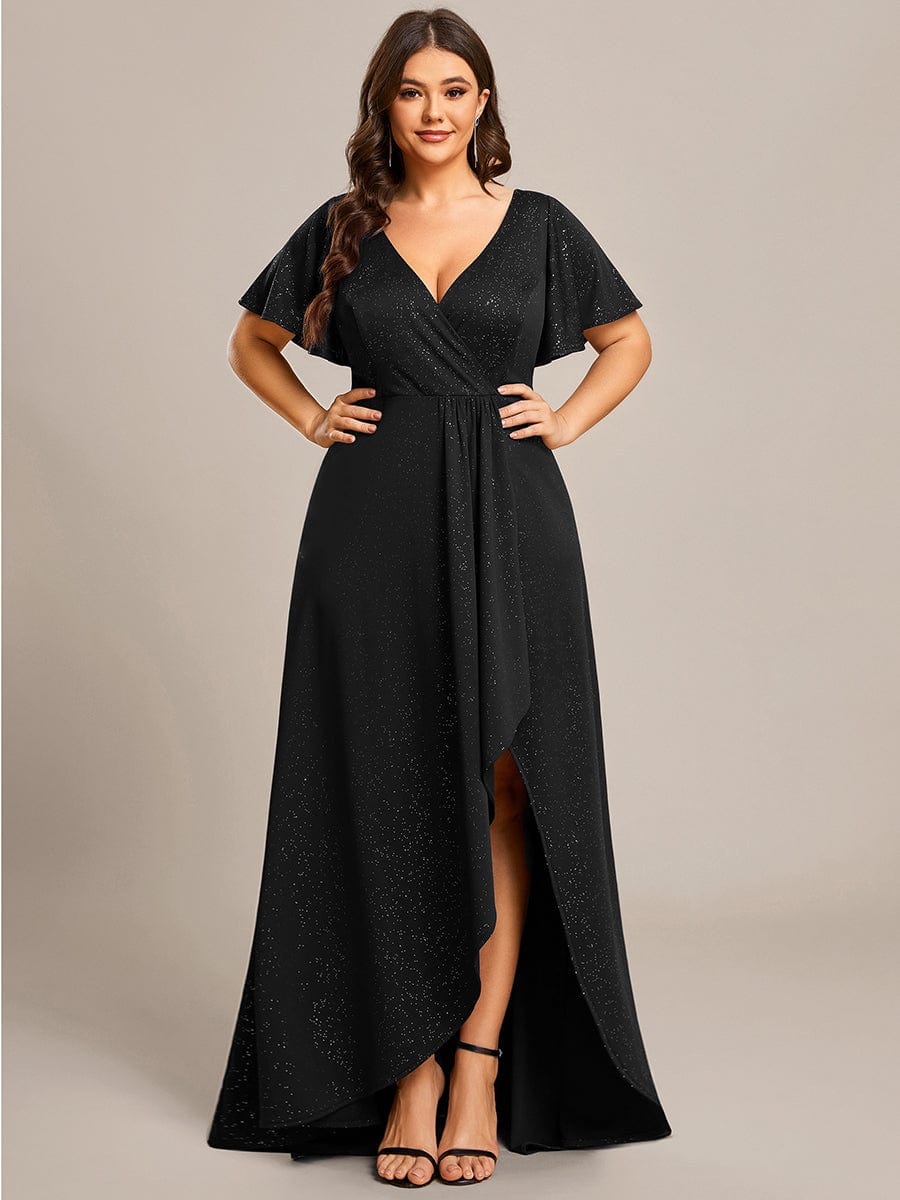 Plus Size Ruffled High-Low Front Slit Evening Dress with Glitter #color_Black