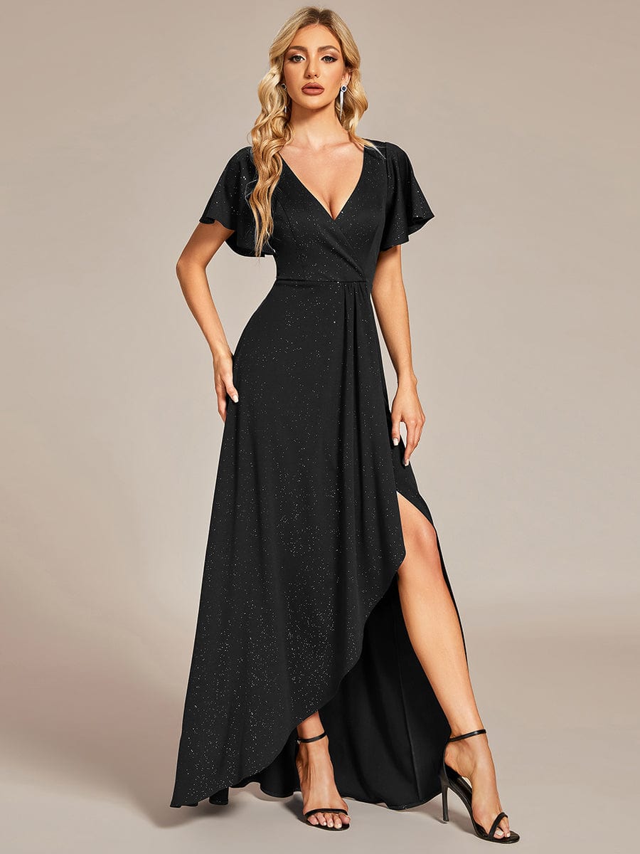 Glitter High-Low Front Side Slit Ruffled V-Neck Evening Dress #color_Black