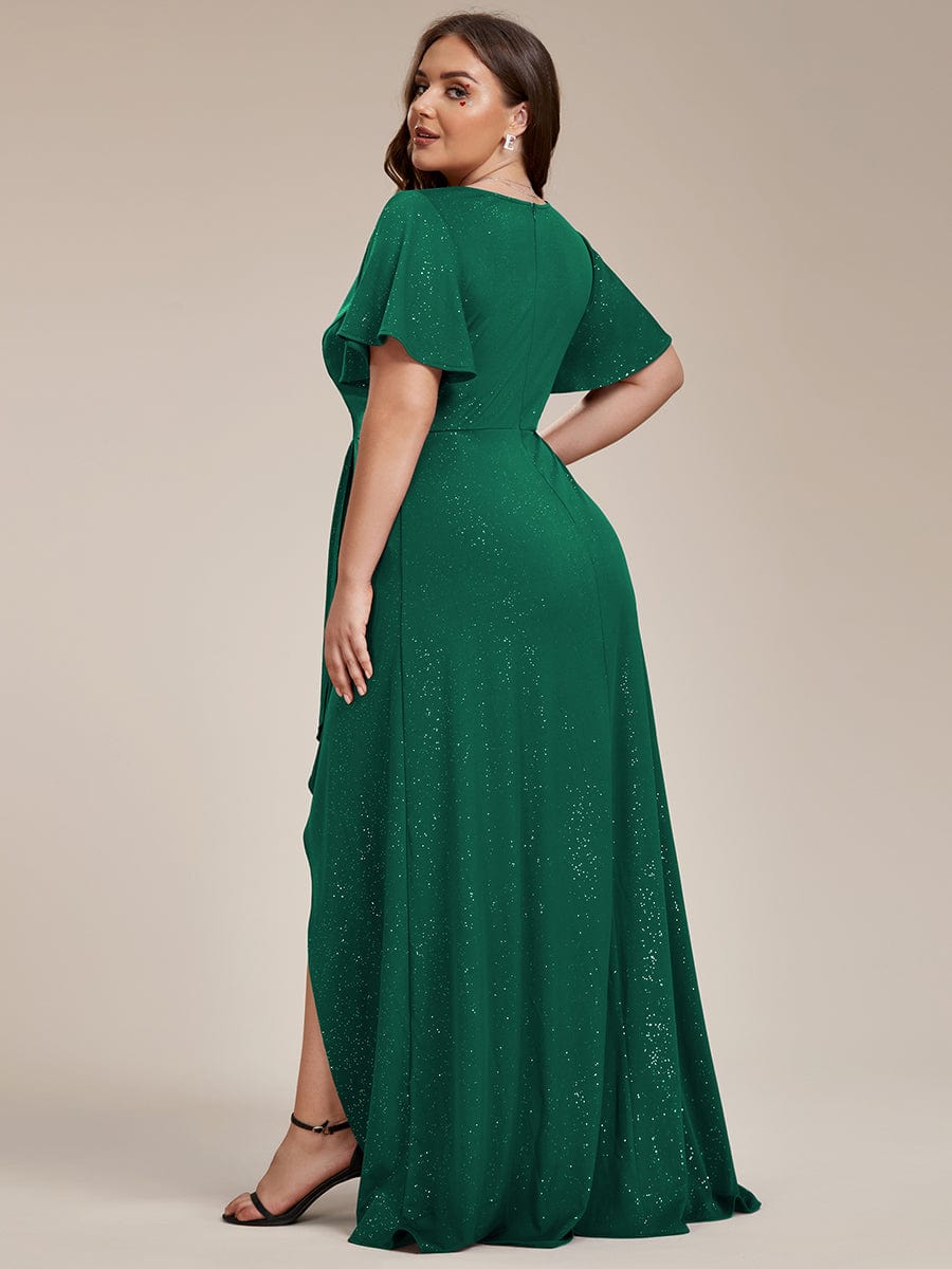 Custom Size High-Low Ruffled V-Neck Front Slit Glitter Evening Dress #color_Dark Green