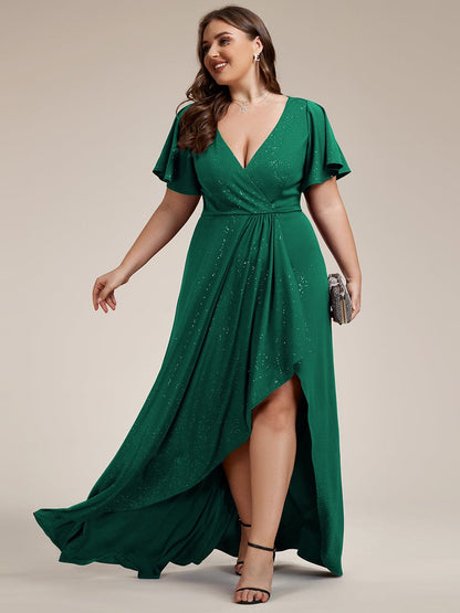 Glitter High-Low Front Side Slit Ruffled V-Neck Evening Dress #color_Dark Green