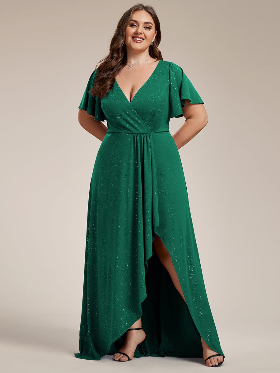 Plus Size Ruffled High-Low Front Slit Evening Dress with Glitter #color_Dark Green