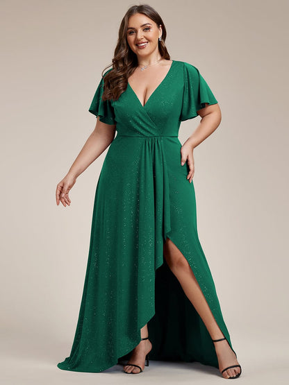 Plus Size Ruffled High-Low Front Slit Evening Dress with Glitter #color_Dark Green