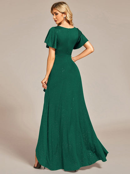 Glitter High-Low Front Side Slit Ruffled V-Neck Evening Dress #color_Dark Green