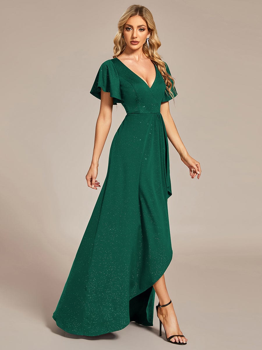 Glitter High-Low Front Side Slit Ruffled V-Neck Evening Dress #color_Dark Green