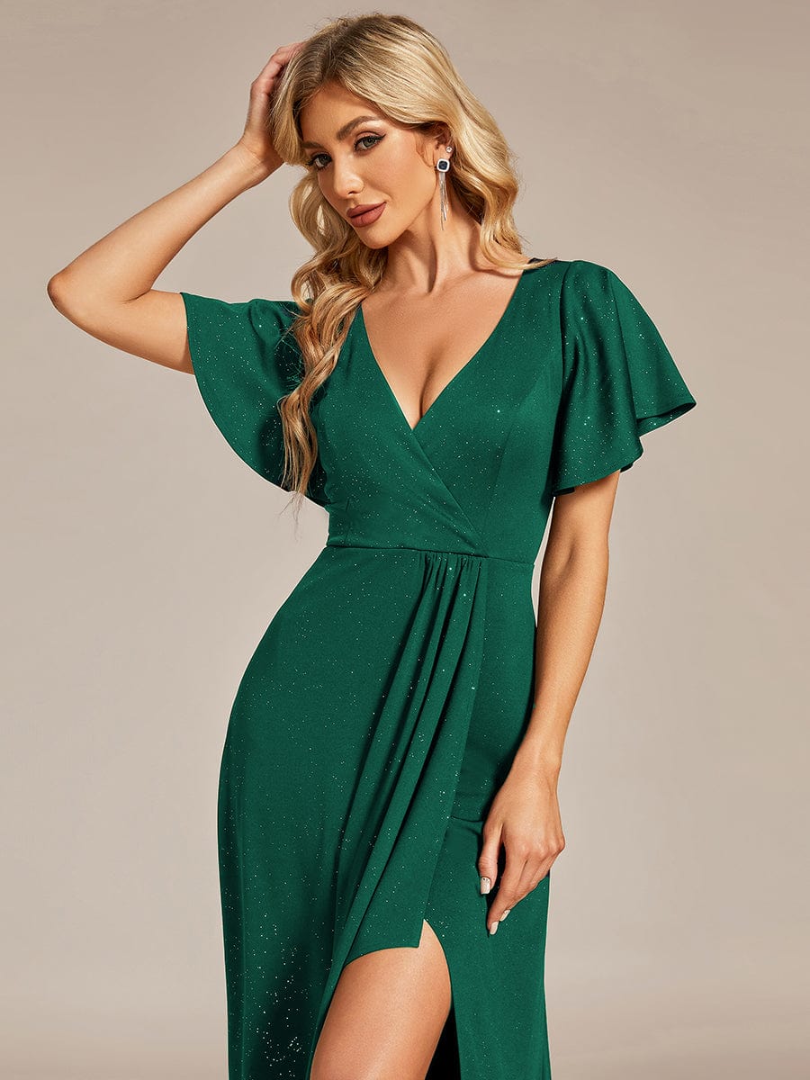 Glitter High-Low Front Side Slit Ruffled V-Neck Evening Dress #color_Dark Green