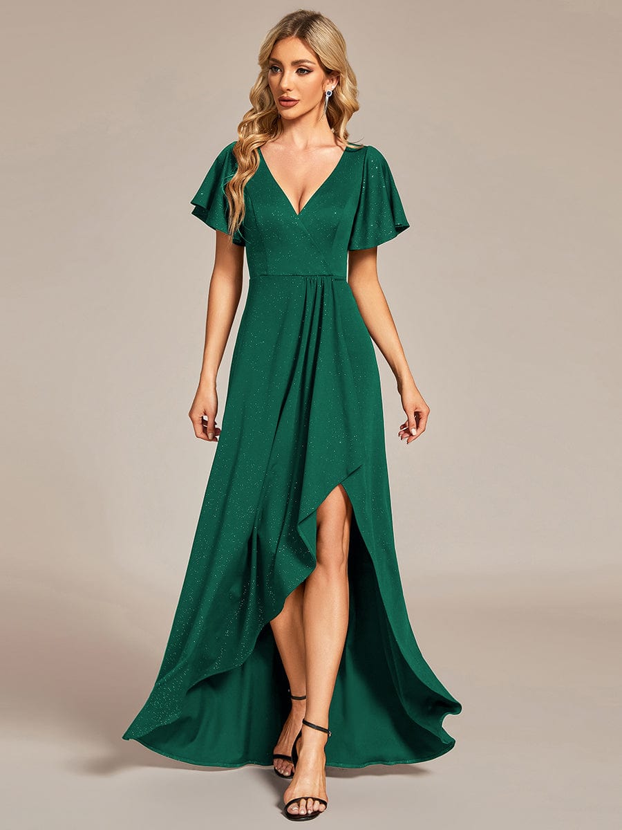 Glitter High-Low Front Side Slit Ruffled V-Neck Evening Dress #color_Dark Green