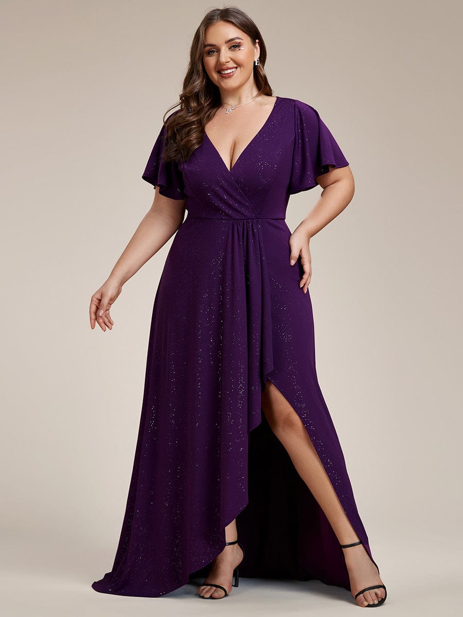 Custom Size High-Low Ruffled V-Neck Front Slit Glitter Evening Dress #color_Dark Purple