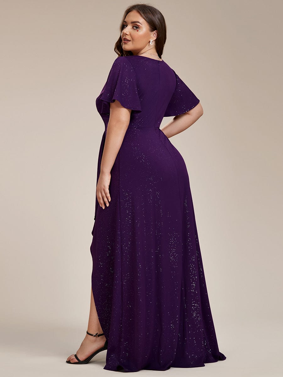 Glitter High-Low Front Side Slit Ruffled V-Neck Evening Dress #color_Dark Purple