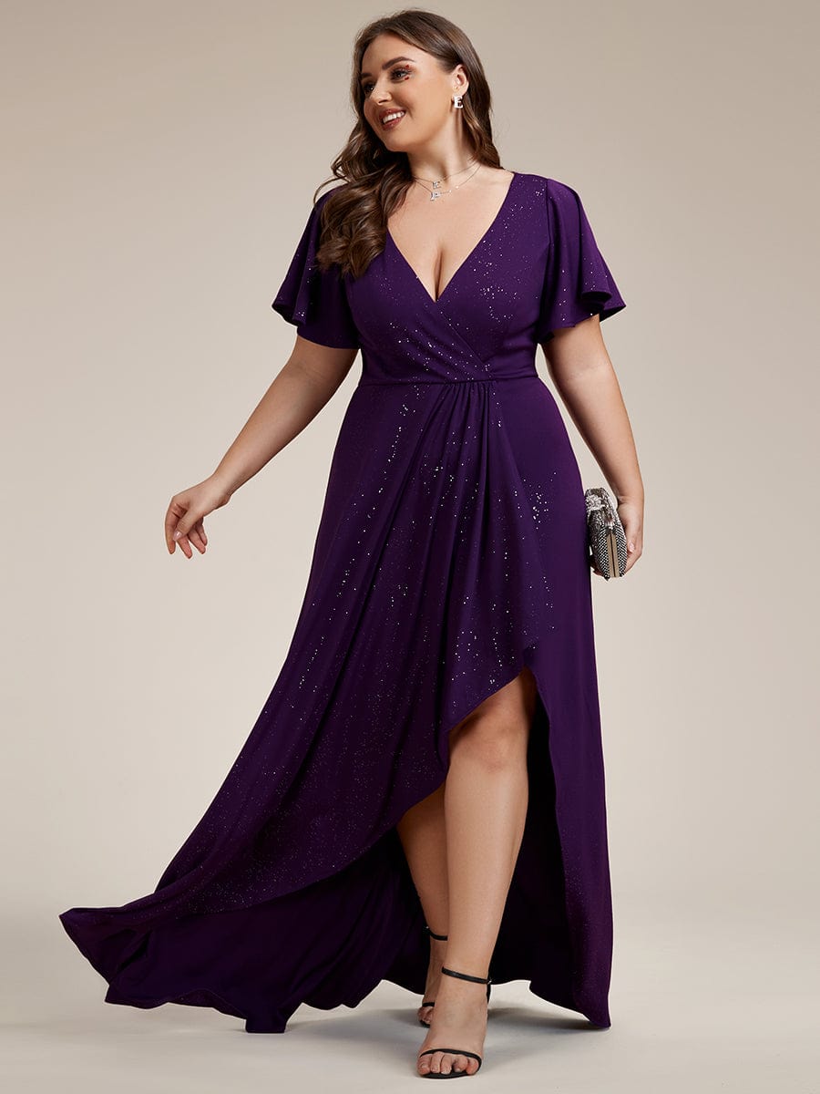 Plus Size Ruffled High-Low Front Slit Evening Dress with Glitter #color_Dark Purple