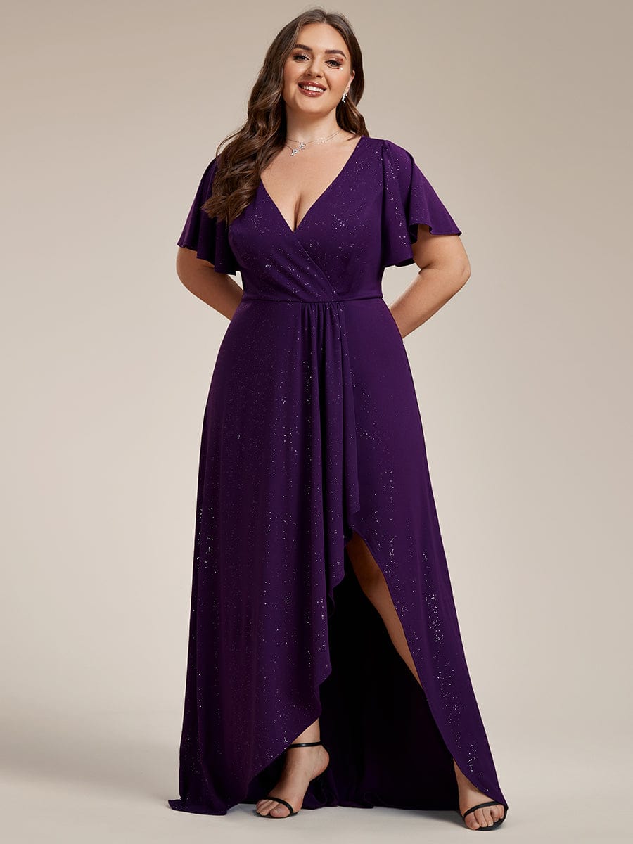 Glitter High-Low Front Side Slit Ruffled V-Neck Evening Dress #color_Dark Purple