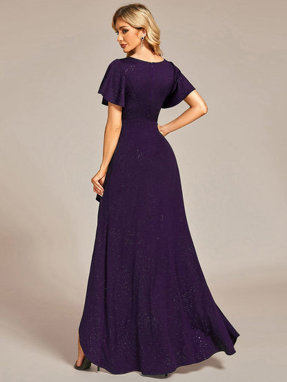 Glitter High-Low Front Side Slit Ruffled V-Neck Evening Dress #color_Dark Purple