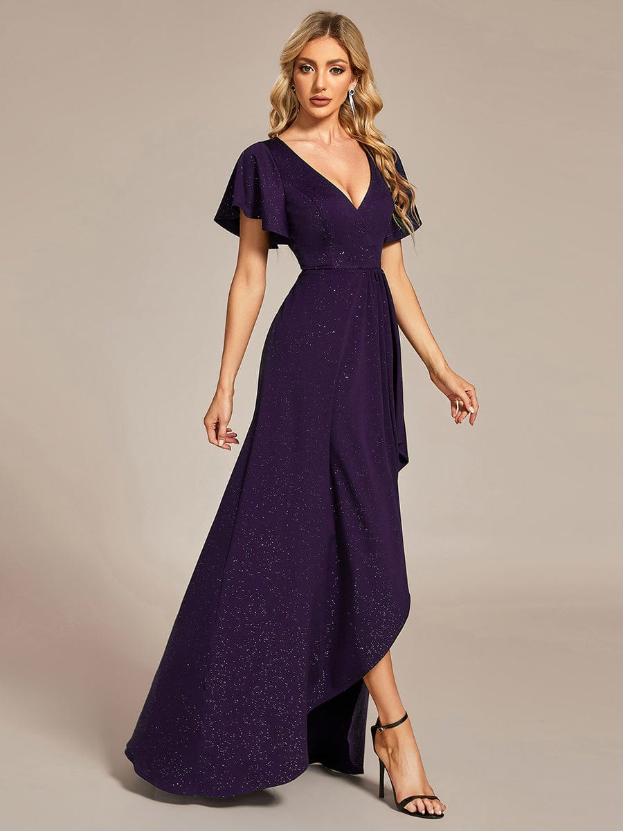 Glitter High-Low Front Side Slit Ruffled V-Neck Evening Dress #color_Dark Purple