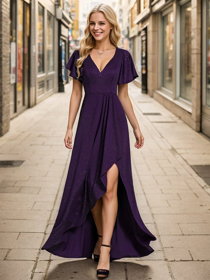 Glitter High-Low Front Side Slit Ruffled V-Neck Evening Dress #color_Dark Purple