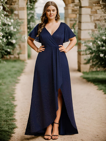 Glitter High-Low Front Side Slit Ruffled V-Neck Evening Dress #color_Navy Blue