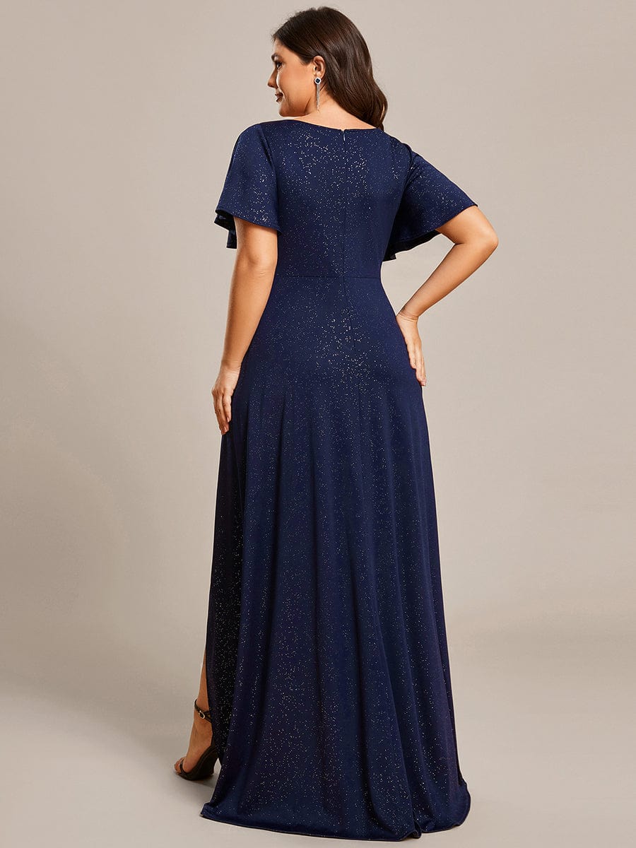 Glitter High-Low Front Side Slit Ruffled V-Neck Evening Dress #color_Navy Blue