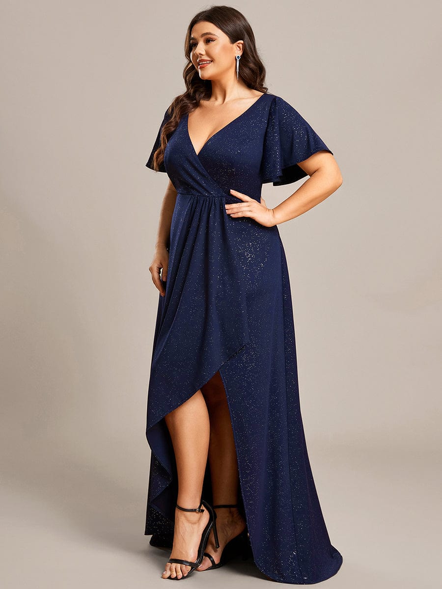 Custom Size High-Low Ruffled V-Neck Front Slit Glitter Evening Dress #color_Navy Blue