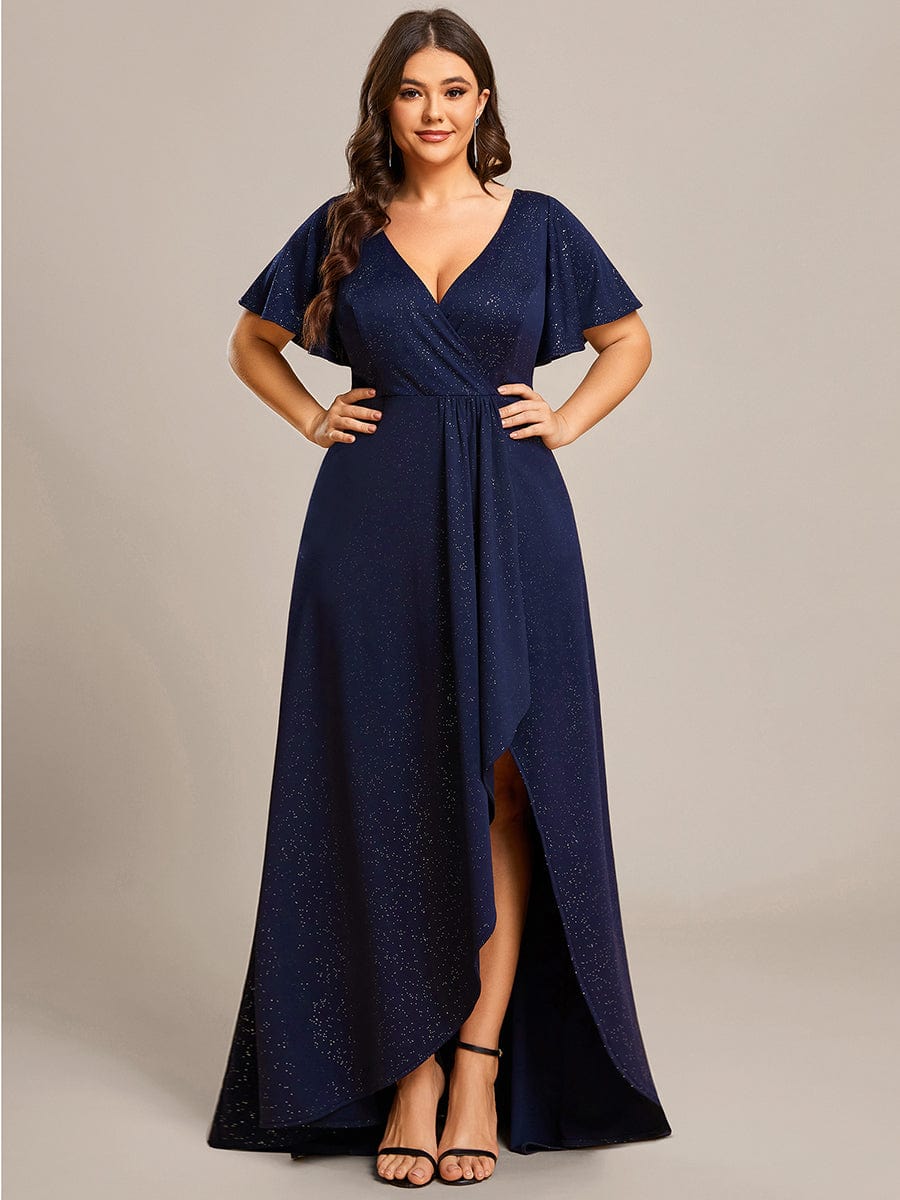 Plus Size Ruffled High-Low Front Slit Evening Dress with Glitter #color_Navy Blue