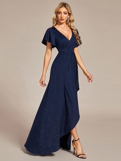 Glitter High-Low Front Side Slit Ruffled V-Neck Evening Dress #color_Navy Blue