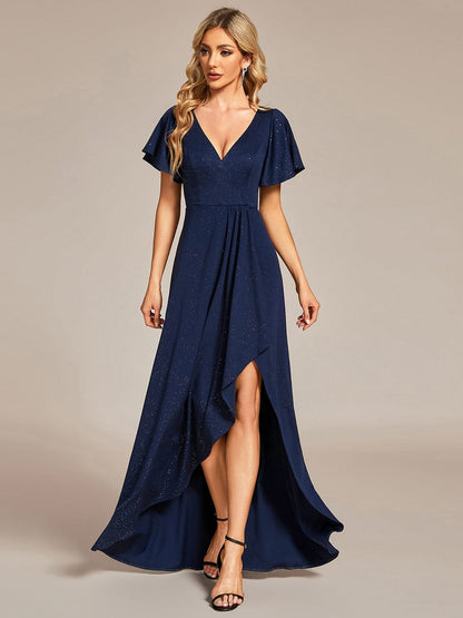 Glitter High-Low Front Side Slit Ruffled V-Neck Evening Dress #color_Navy Blue