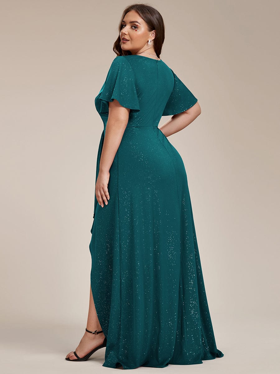 Glitter High-Low Front Side Slit Ruffled V-Neck Evening Dress #color_Teal