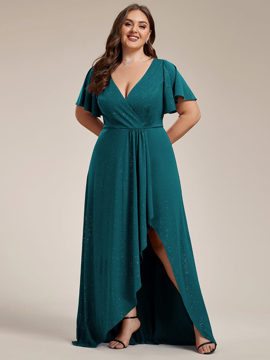 Plus Size Ruffled High-Low Front Slit Evening Dress with Glitter #color_Teal