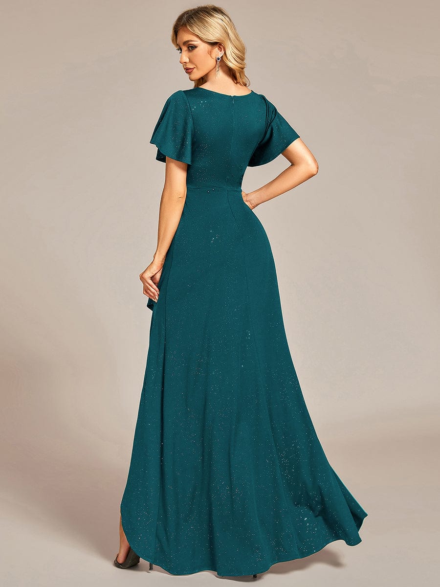 Glitter High-Low Front Side Slit Ruffled V-Neck Evening Dress #color_Teal