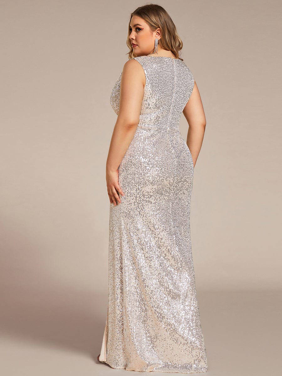 Plus Size High Split Dazzling Sequin Deep V-Neck Evening Dress #color_Charcoal