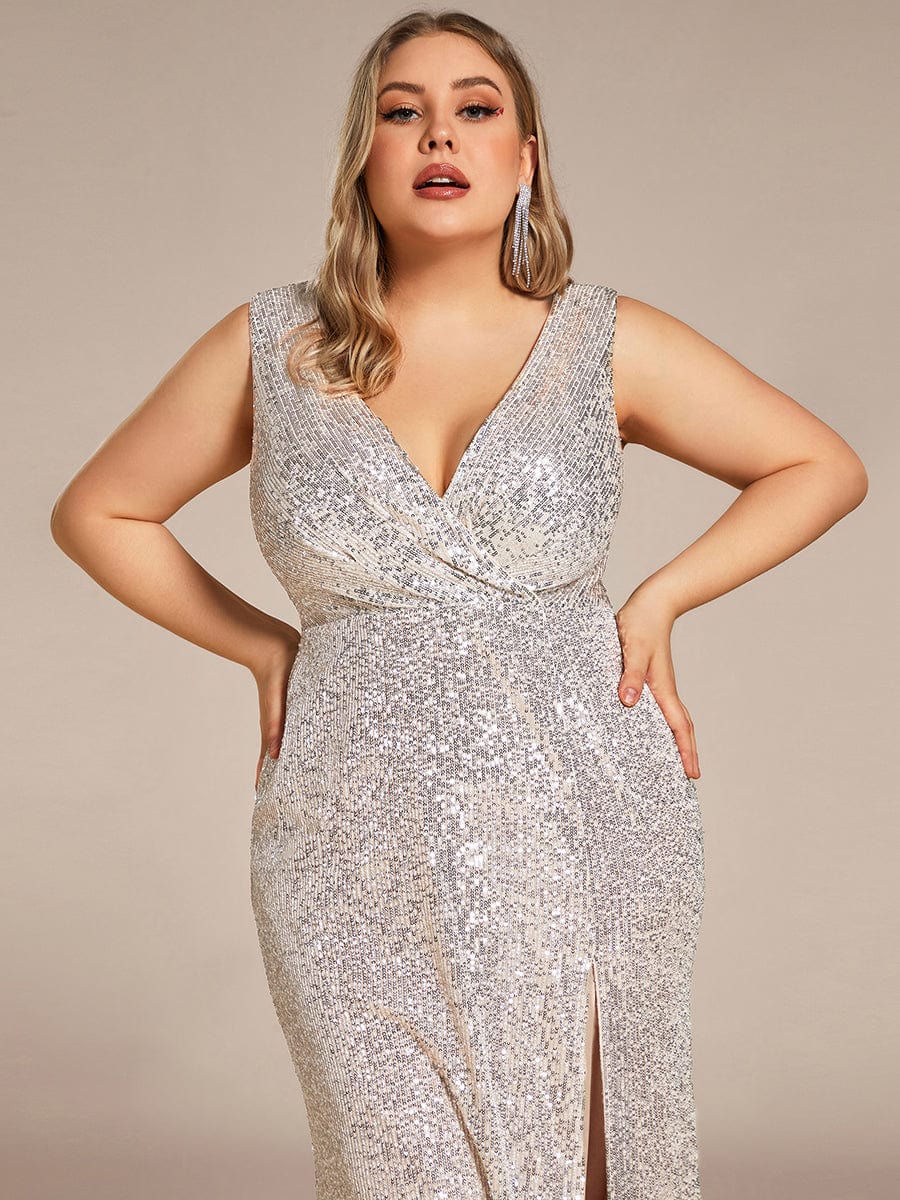 Plus Size High Split Dazzling Sequin Deep V-Neck Evening Dress #color_Charcoal