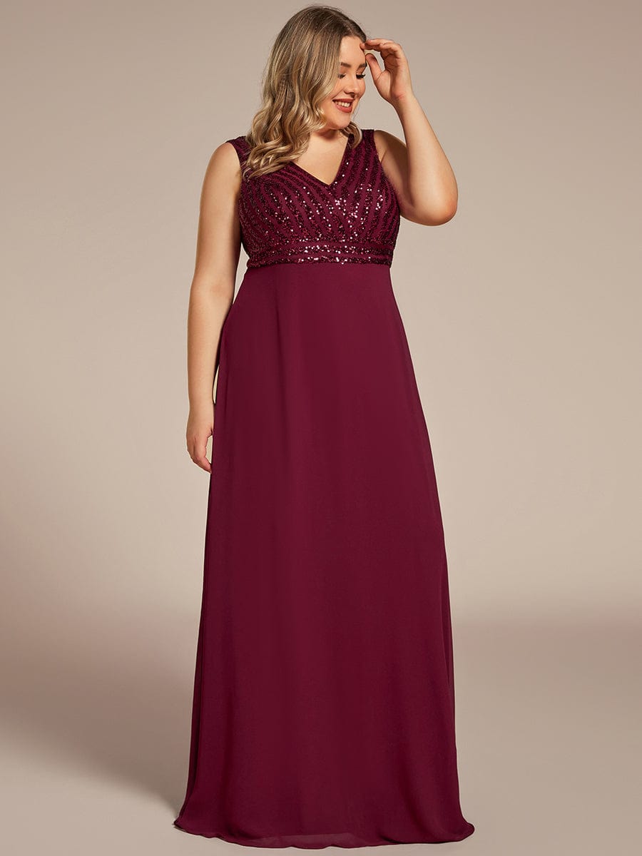 Plus Size Sequin Sleeveless Double V-Neck Formal Evening Dress #color_Burgundy