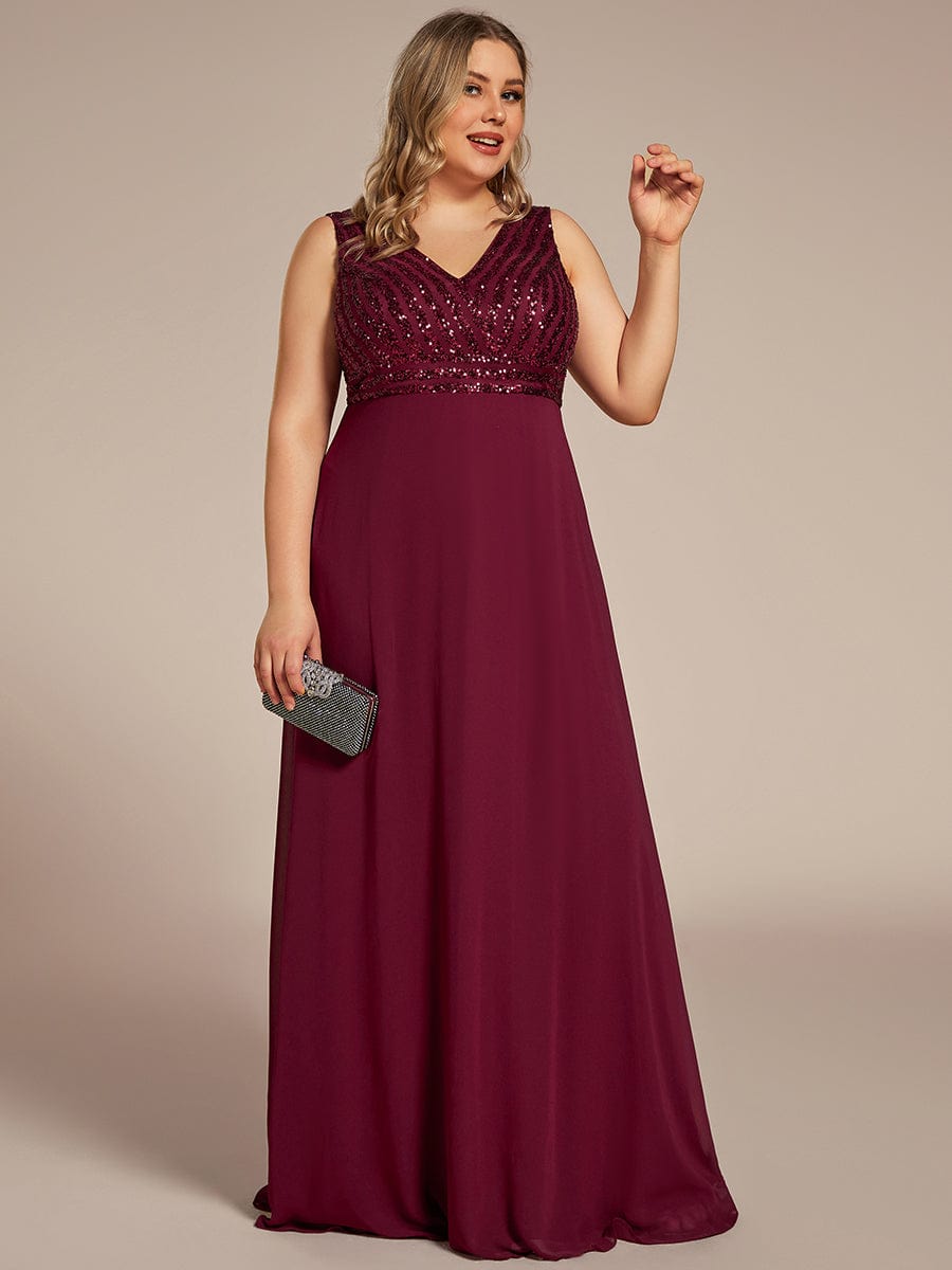 Plus Size Sequin Sleeveless Double V-Neck Formal Evening Dress #color_Burgundy