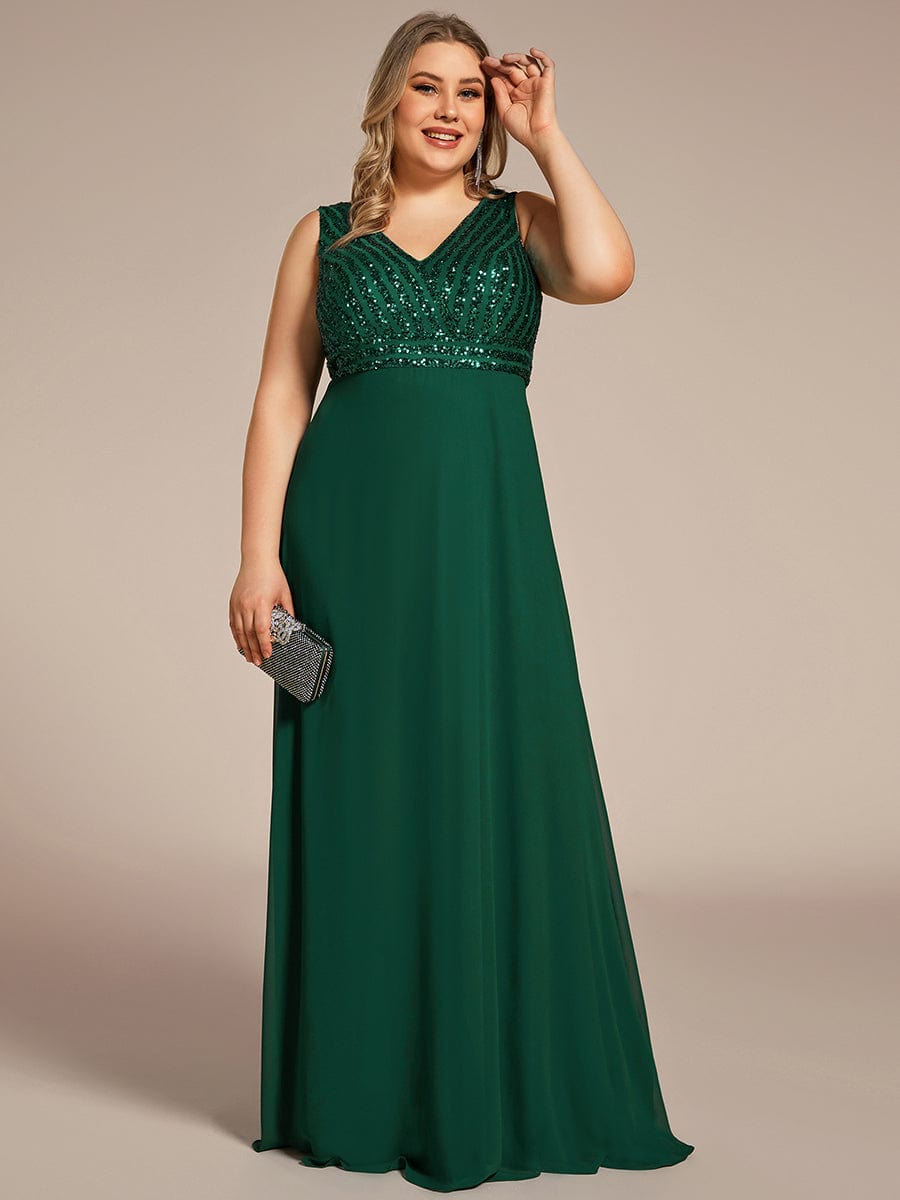 Plus Size Sequin Sleeveless Double V-Neck Formal Evening Dress #color_Dark Green