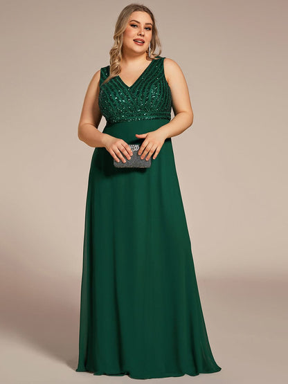 Plus Size Sequin Sleeveless Double V-Neck Formal Evening Dress #color_Dark Green