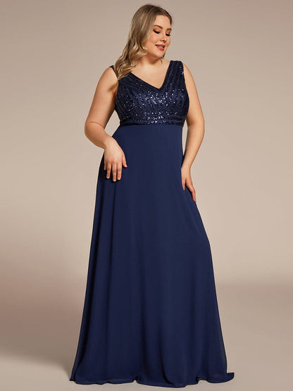 Plus Size Sequin Sleeveless Double V-Neck Formal Evening Dress #color_Navy Blue