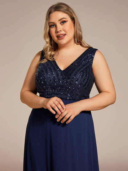 Plus Size Sequin Sleeveless Double V-Neck Formal Evening Dress #color_Navy Blue