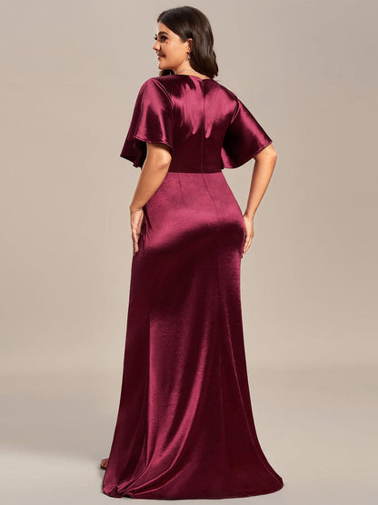 Plus Size Pleated Bodycon Ruffles Sleeve High Stretch Satin Evening Dress #color_Burgundy