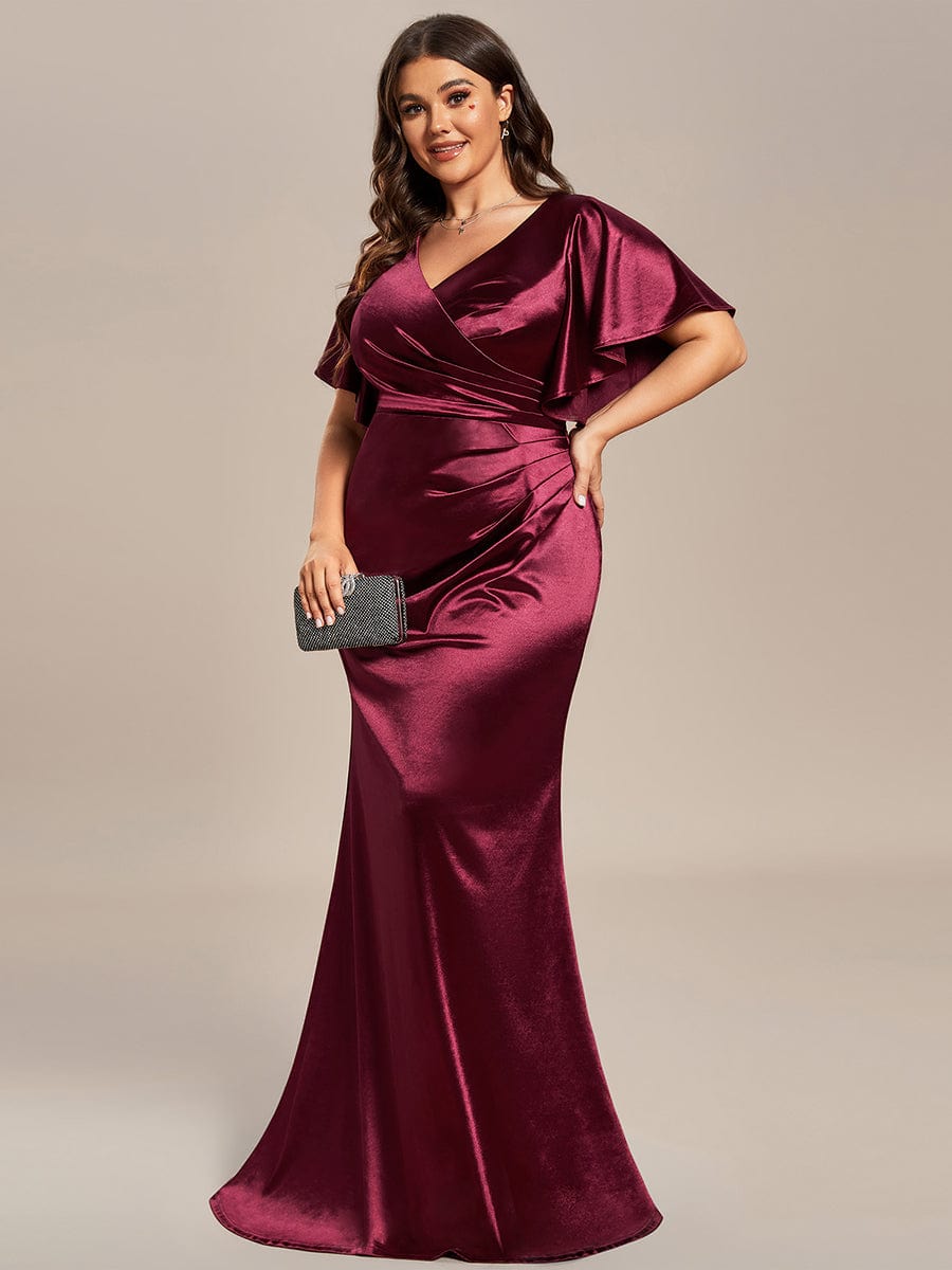 Plus Size Pleated Bodycon Ruffles Sleeve High Stretch Satin Evening Dress #color_Burgundy