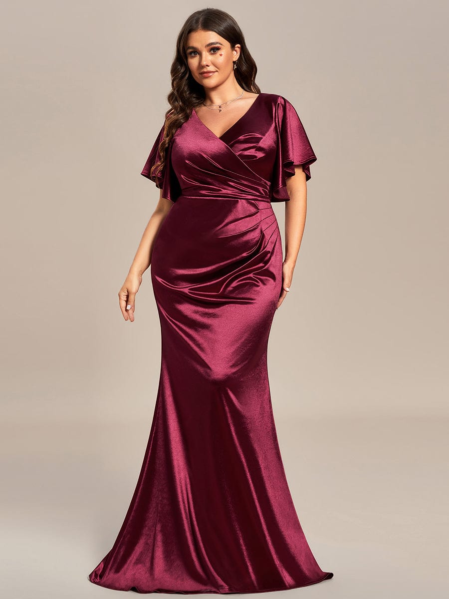 Plus Size Pleated Bodycon Ruffles Sleeve High Stretch Satin Evening Dress #color_Burgundy