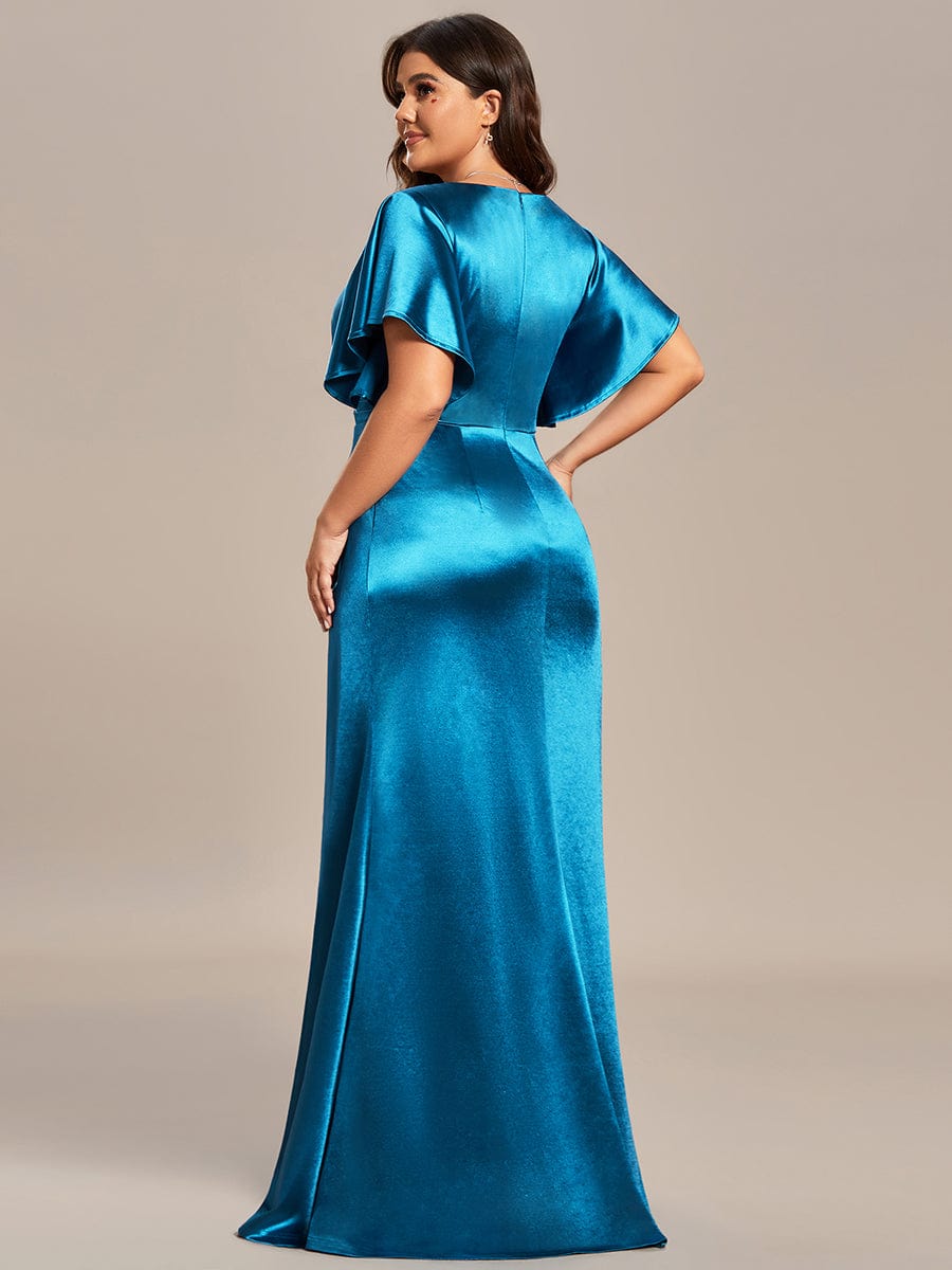 Plus Size Pleated Bodycon Ruffles Sleeve High Stretch Satin Evening Dress #color_Teal